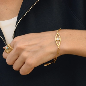 Detail of 18K gold stainless steel evil eye bracelet and ring set on model