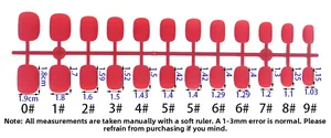 Detailed size chart for red round press-on nails with 12 pieces and measurements