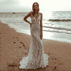 Wedding Dress Lace Deep V Neck Spaghetti Straps Mermaid Backless Beach Bohemian Long Bridal Gown For Women Elegant