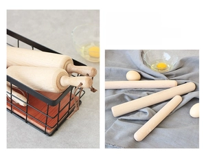 Close-up of smooth natural wood rolling pins with organic grain for baking dough