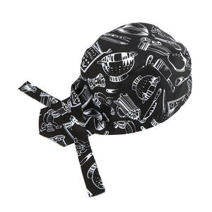 Adjustable chef bandana hat in black with white kitchen tool print and slogan