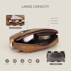 Brown PU leather wristlet card holder with gold zipper and transparent ID window