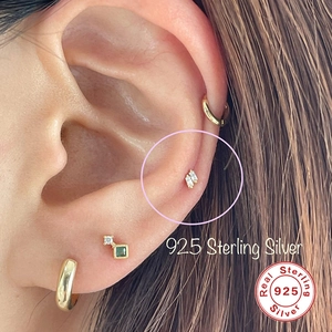 Minimalist S925 sterling silver mini square gold studs with double baguette cut stones