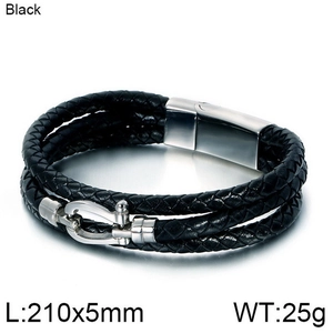 Detail view of black braided leather bracelet with silver clasp and product dimensions