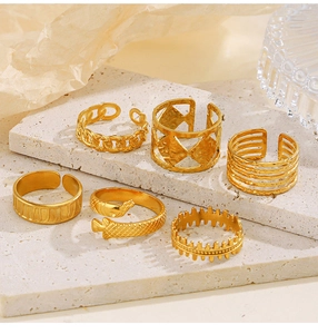 Detailed view of a 6-piece 18K gold plated geometric ring set on a stone display