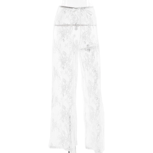 Close-up of white floral lace texture and drawstring waistband on high-waist pants
