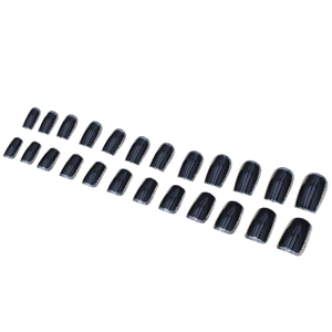 24pcs luxury long coffin press-on nails in glossy black with silver glitter border