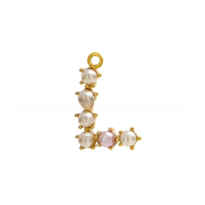 Close-up of gold letter L pendant with white and purple pearls and a top bail
