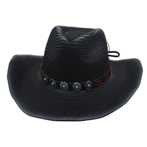Detail of black straw cowboy hat featuring ethnic turquoise beads and silver metal studs