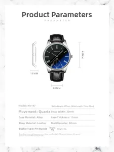 Detailed dimensions of the men's business quartz watch with a black leather strap