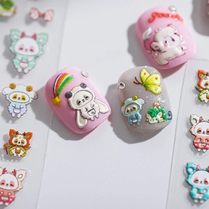 3D embossed nail art stickers featuring cute panda cartoons with colorful rainbow accents