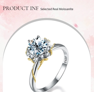 Macro shot of 1ct moissanite ring showing S925 silver stamp and petal setting details