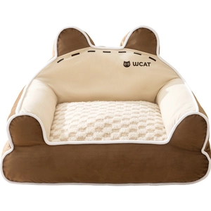Plush cartoon pet sofa bed for cats and small dogs featuring soft checkered fleece cushion