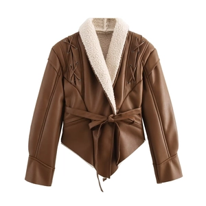 Veste En Similicuir Pour Femme Avec Col En Laine D'agneau Taille À Lacets Court Chaud Hiver Mode Irrégulière Bronze Manteau