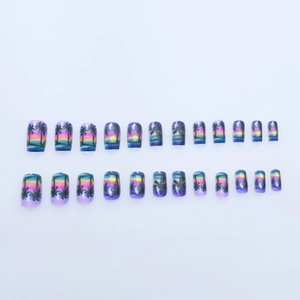 Short square press-on nails set featuring tropical sunset palm trees and gradient colors