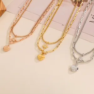 Double Layer Stainless Steel Necklace With Star And Heart Pendant Rhinestone Fashion Clavicle Chain Jewelry For Women