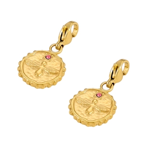 Golden round bee pendant charm with pink zircon stone and lobster clasp on white background