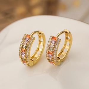 Elegant gold plated hoop earrings with colorful rectangular gems and zircon stones
