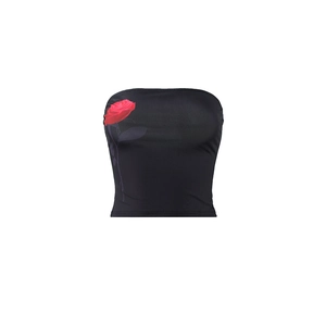 Close-up of a black tube top featuring a vibrant red rose print and strapless design
