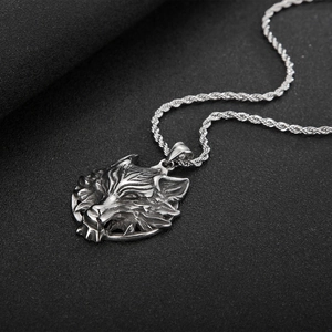 Vintage Silber Edelstahl Wolfskopf Anhänger Halskette mit Kordelkette für Herren Mode