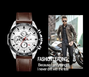 Detail view of men's waterproof quartz watch featuring white dial and brown leather strap