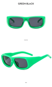Detailed views of retro square sunglasses featuring thick green frames and black lenses