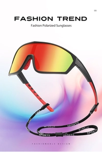 Close-up of black and red sports polarized sunglasses with a yellow gradient mirror lens
