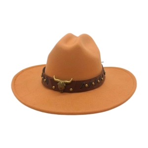 Ethnic style orange felt cowboy hat with leather band and vintage bull head metal emblem