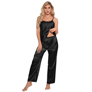 Women's black ice silk pajama set with camisole top and wide-leg trousers loungewear