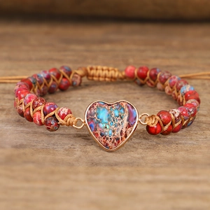 Handmade woven heart emperor stone bracelet with layered colorful beads in boho style