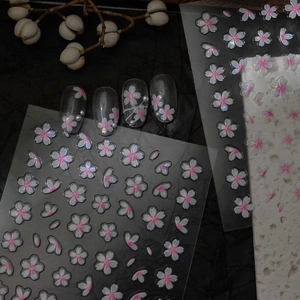 3D embossed cherry blossom nail art stickers with pink floral designs and pearl accents