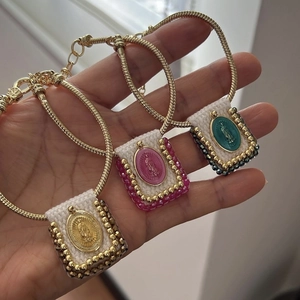 Virgin Mary Religious Bracelet Gold Plated Copper Snake Chain Woven Fabric Pendant Colorful Beads Vintage Jewelry Women
