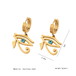 Detailed view of gold stainless steel Eye of Horus earrings with size and weight specs