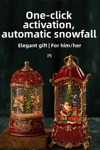 Detail of vintage Christmas lanterns with internal Santa scene and auto-snow feature