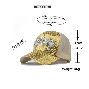 Tableau des tailles pour casquette à paillettes dorées avec inscription baby