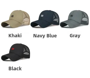 Multiple views of breathable mesh baseball caps in khaki, navy, grey, and black