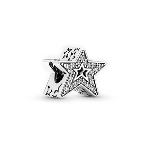 Star-shaped silver charm with sparkling crystals and side star cut-outs for DIY bracelets