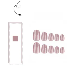 Close-up of 10-piece short round press-on nails in shimmering pink cat-eye finish