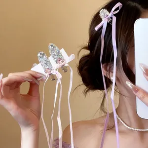 Ribbon Bow Hair Clip Rhinestone Glass Bead Long Streamer Duckbill Clip Sweet Elegant Headwear For Women