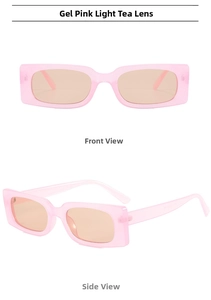 Front and side views of vintage jelly pink rectangle sunglasses with light tea lenses
