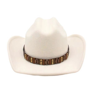 Detail of white felt cowboy hat featuring ethnic style beaded band with wooden accents