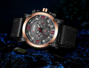 Macro detail of DEDIMA chronograph watch with textured grey dial and rose gold bezel