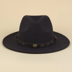 Detail of wool fedora hat with brown leather band featuring rivets and cross stitching