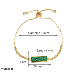 Detail of 18k gold plated bracelet with green druzy stone showing size and dimensions