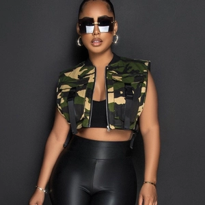 Women's cropped camouflage cargo vest featuring multi-pockets and a zip-up front