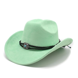 Detail of mint green suede cowboy hat with black braided band and turquoise stone ornament