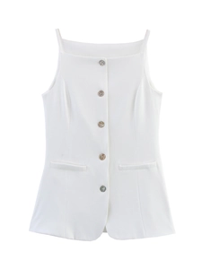 Close-up of white sleeveless vest with square neckline and pearl-like buttons