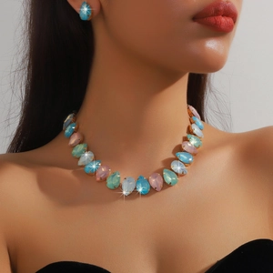 Chic multi-layered crystal necklace and earring set with colorful teardrop pendants