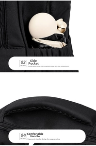 Detail of waterproof backpack showing side umbrella pocket and breathable top handle