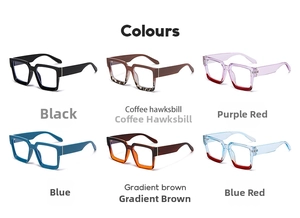 Matrix display showing six colorful retro square frame glasses in various gradient finishes